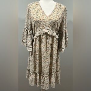 NWT Manydress Size M Women’s Ditsy Floral Beige Print Bell Sleeve Mini Dress NEW